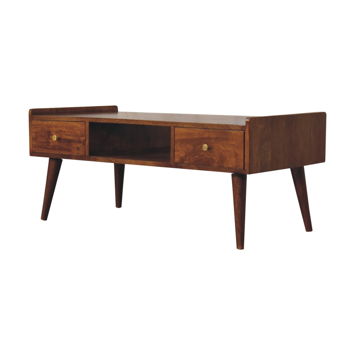 Angled view of chestnut coffee table showing the front and one solid side panel