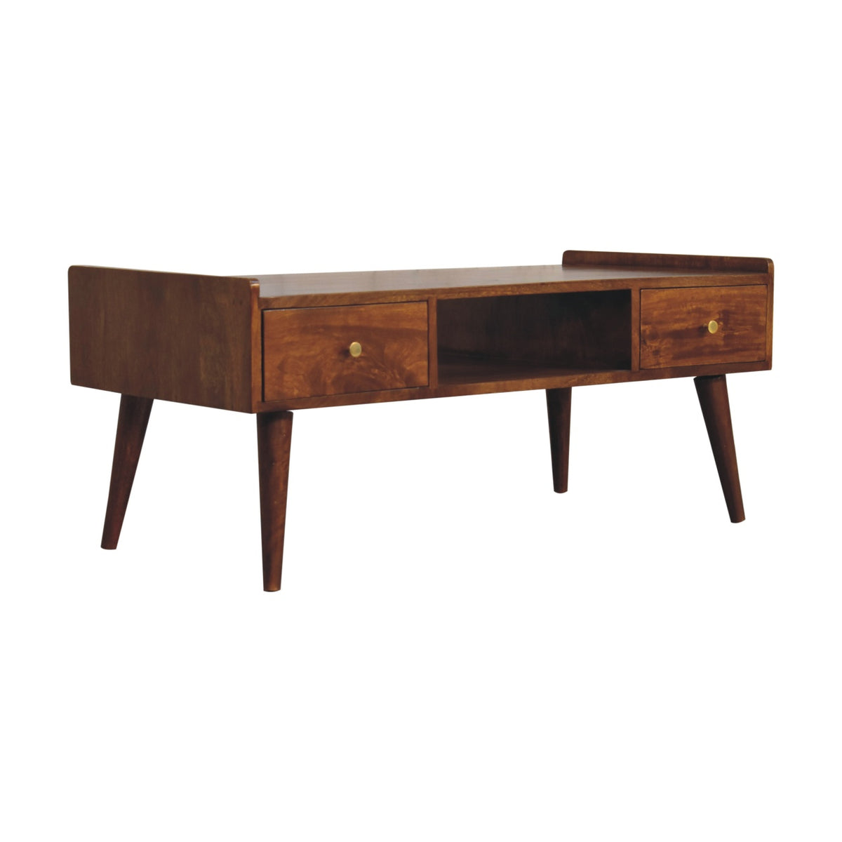 Opposite angled view of chestnut coffee table with drawers and open center shelf