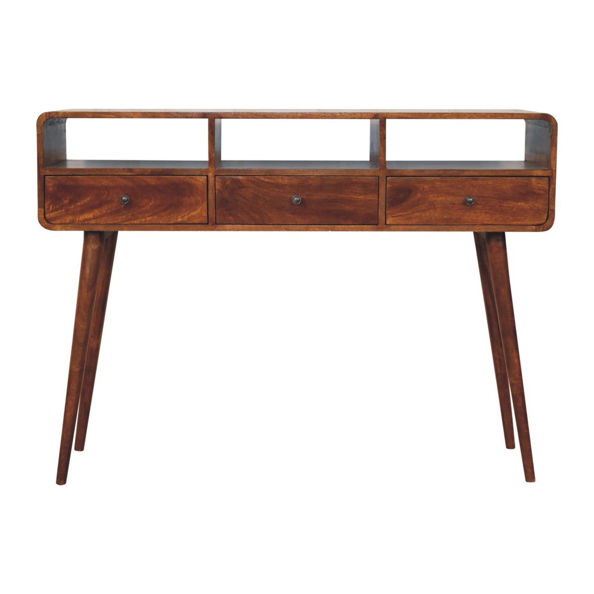 Chestnut console table shown straight on with three drawers and open cubbies