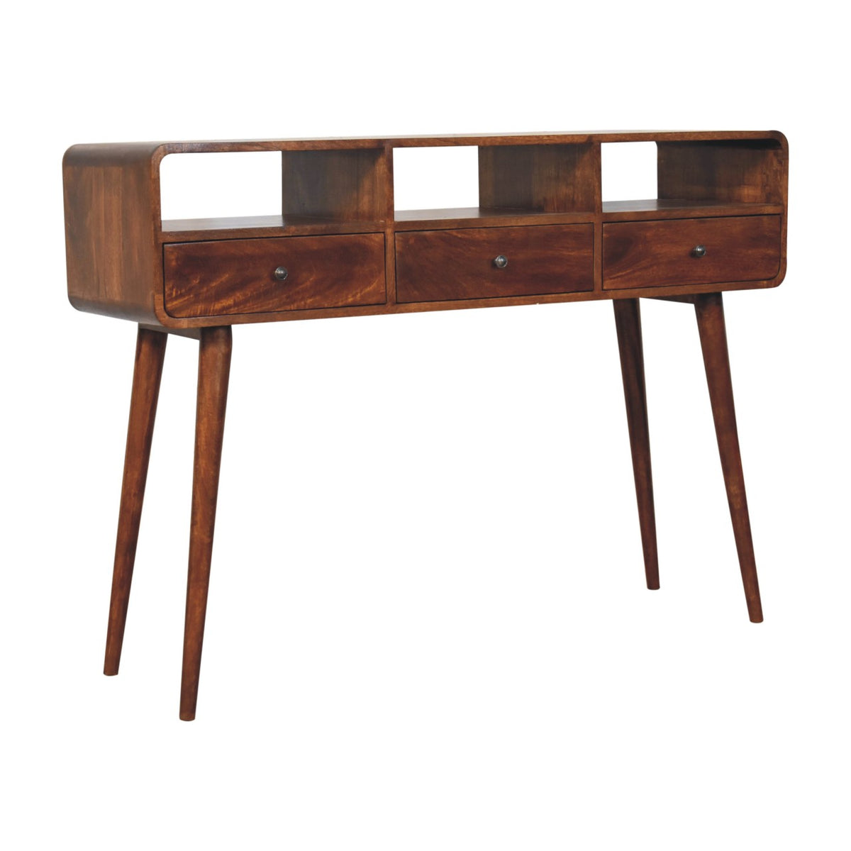 Chestnut console table in an angled front view, showing drawers and open shelves