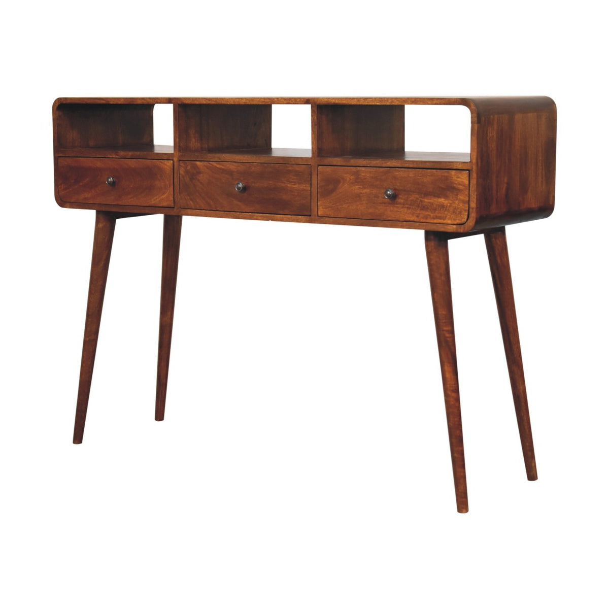 Opposite angled view of the chestnut console table with curved edges and storage