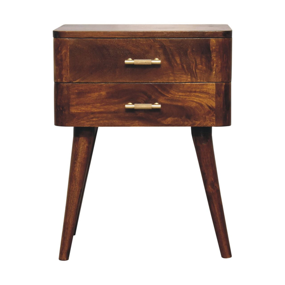 Chestnut nightstand shown straight-on with two drawers and tapered legs against white