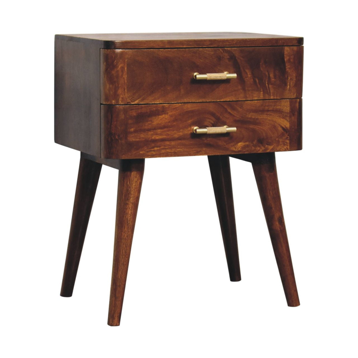 Chestnut two-drawer nightstand shown from the front and left side