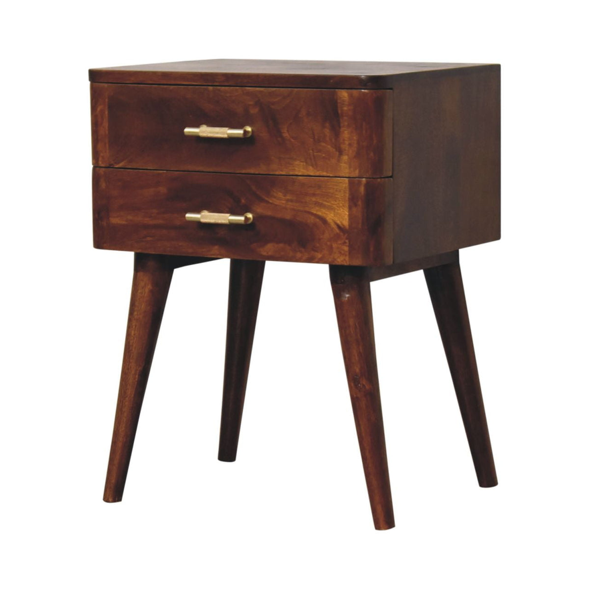 Chestnut two-drawer nightstand shown from the front and right side