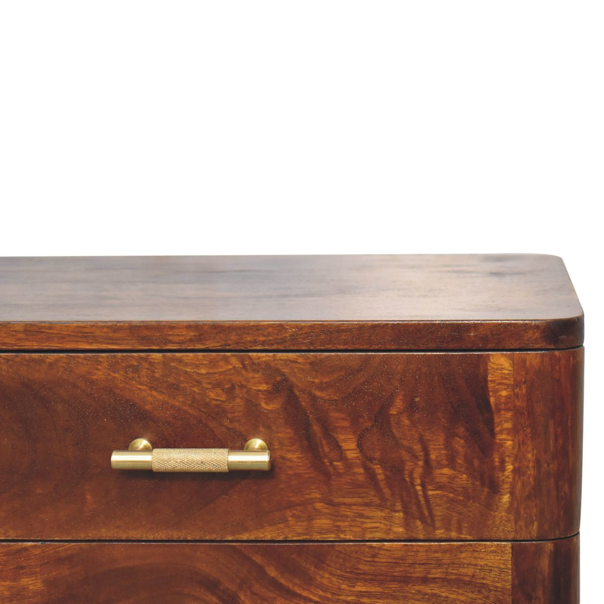 Close-up of a chestnut drawer front and gold T-bar handle