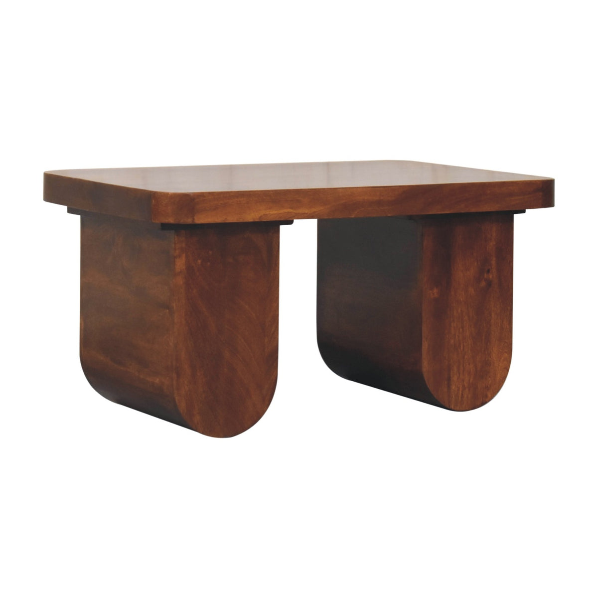 Chestnut coffee table viewed from the front corner against white