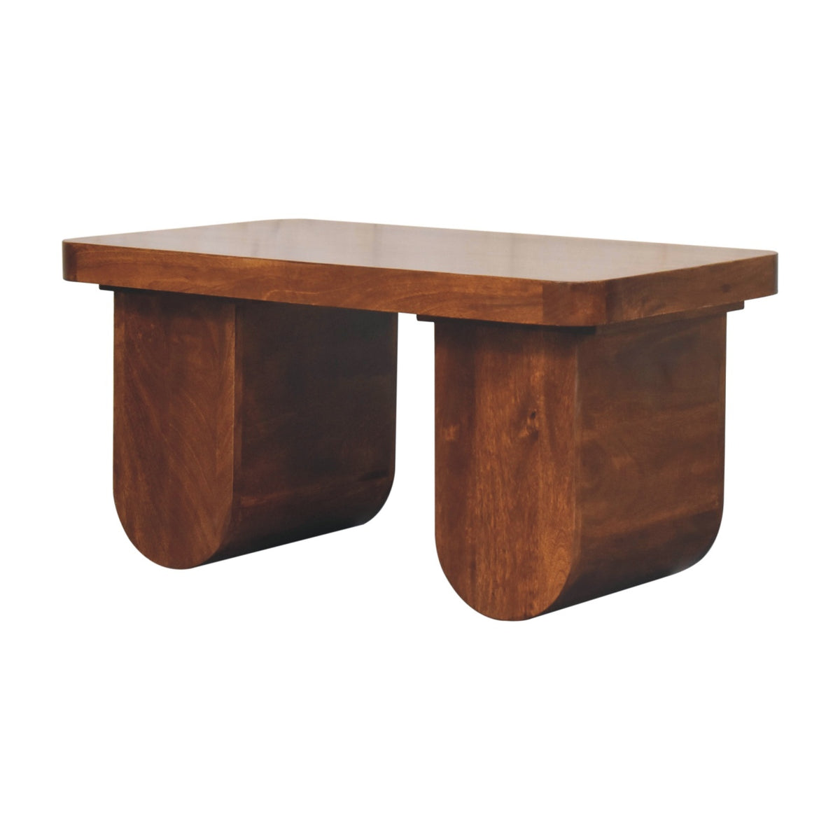 Angled view showing the chestnut table's thick top and curved legs
