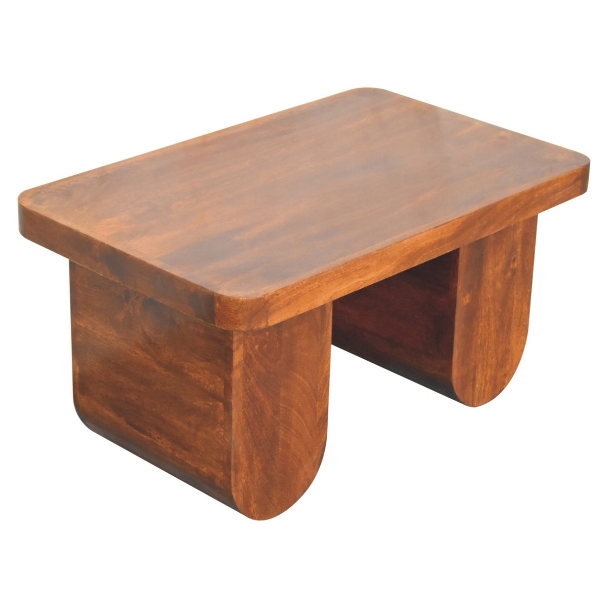 Elevated angled view of the chestnut coffee table and its panel legs