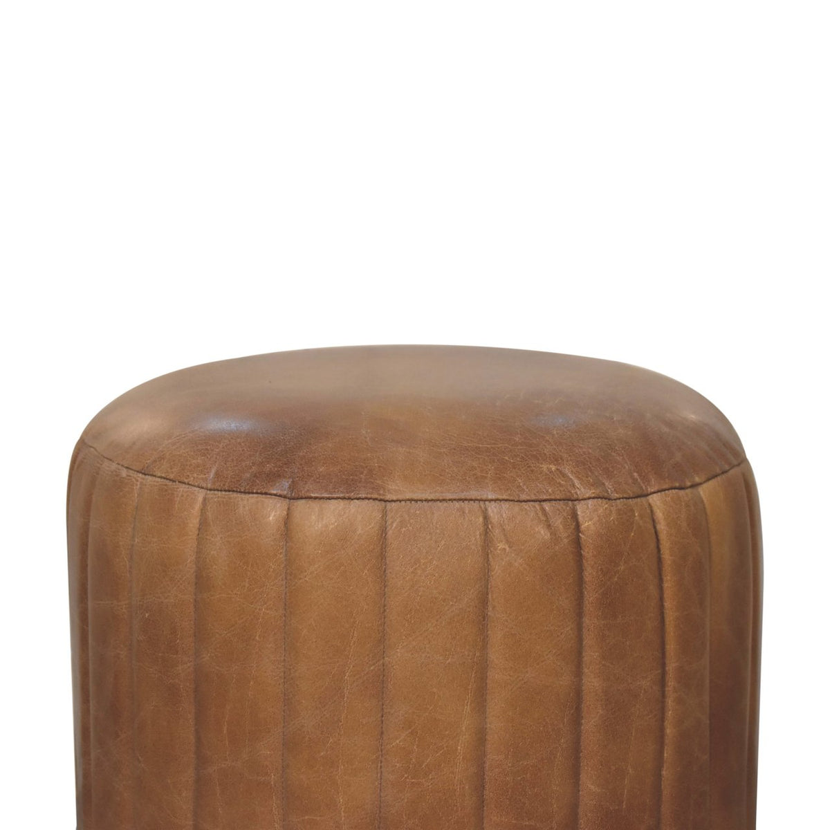Brown leather footstool shown from a slightly raised front angle on white