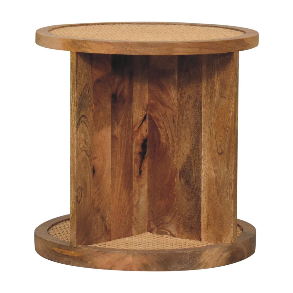 Brown end table with round top and lower shelf, shown straight on against white