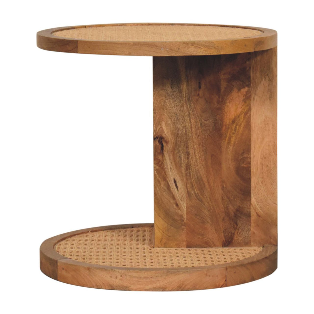 Brown end table in a side angle showing its offset central support and two levels