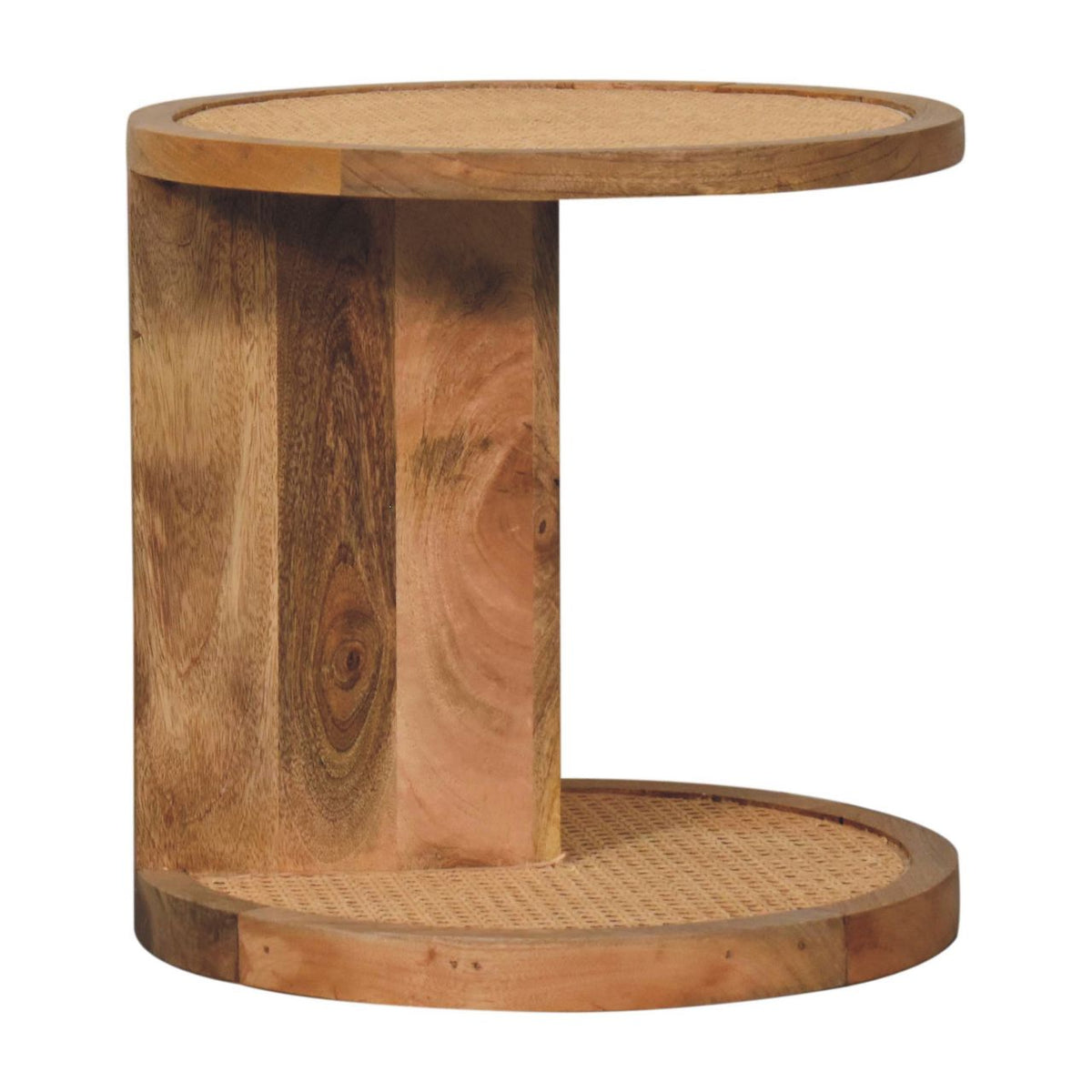 Opposite side view of the brown end table, with the lower shelf visible