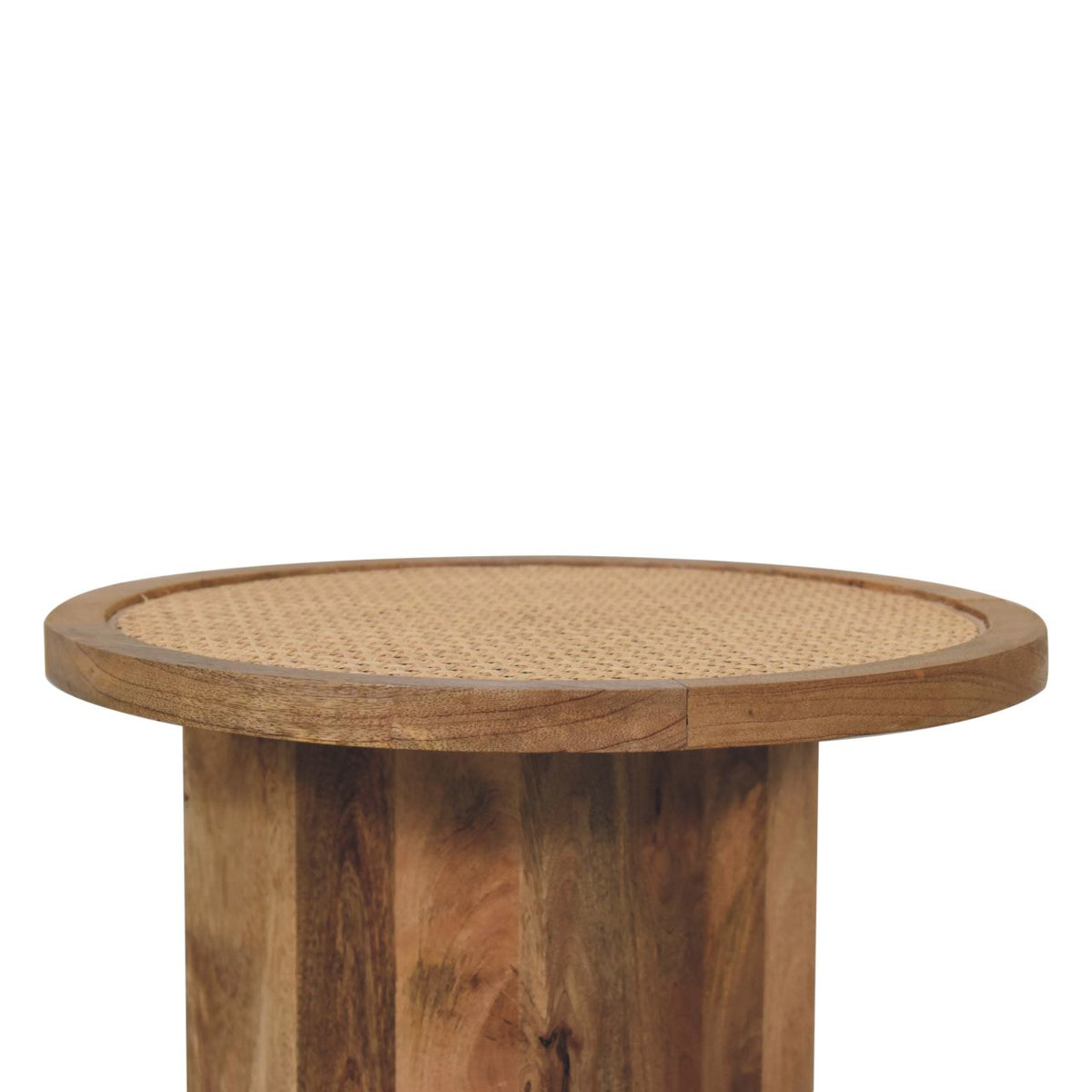 Close front view of the brown end table's patterned top and central wood support