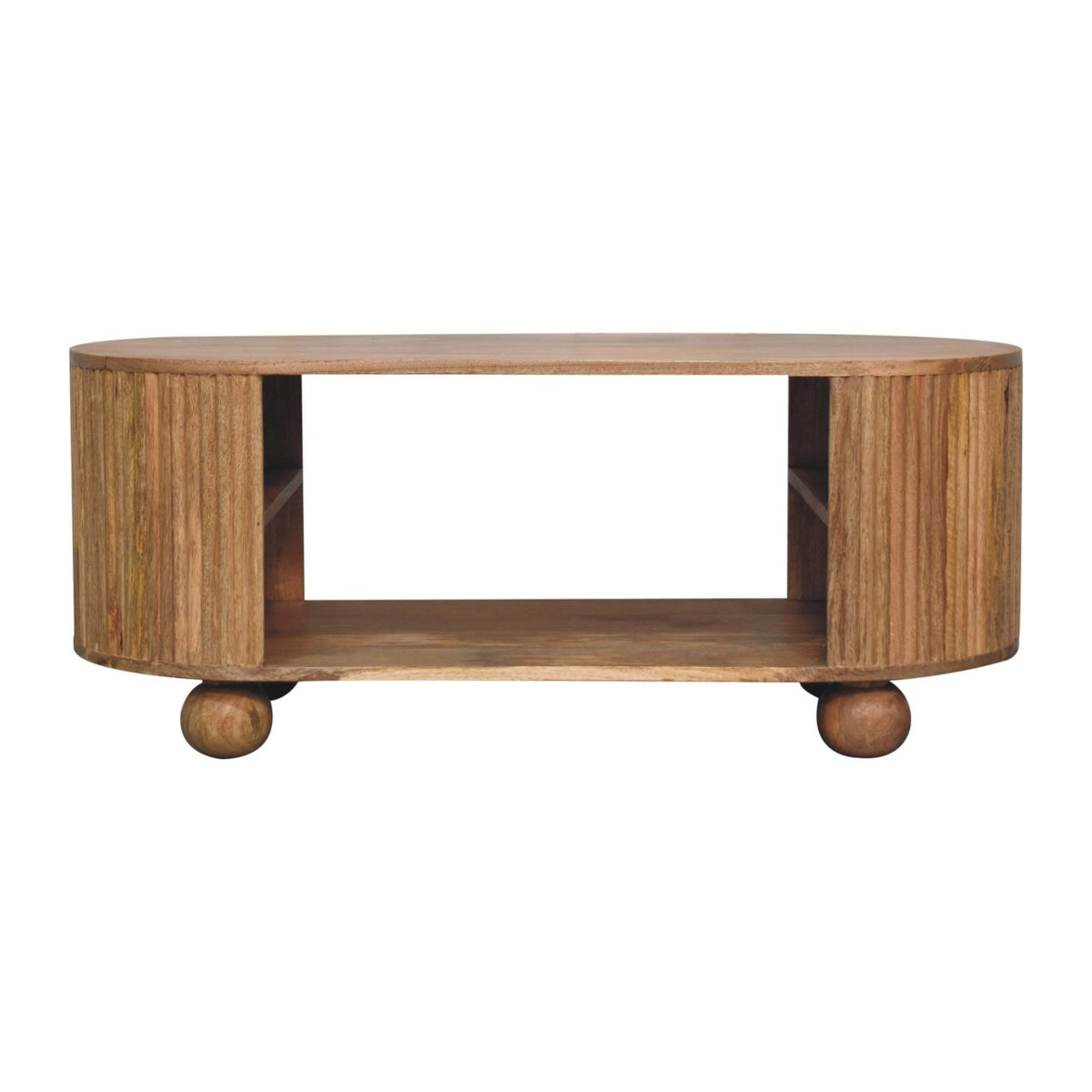 Front view of a natural wood coffee table with an open centre slot