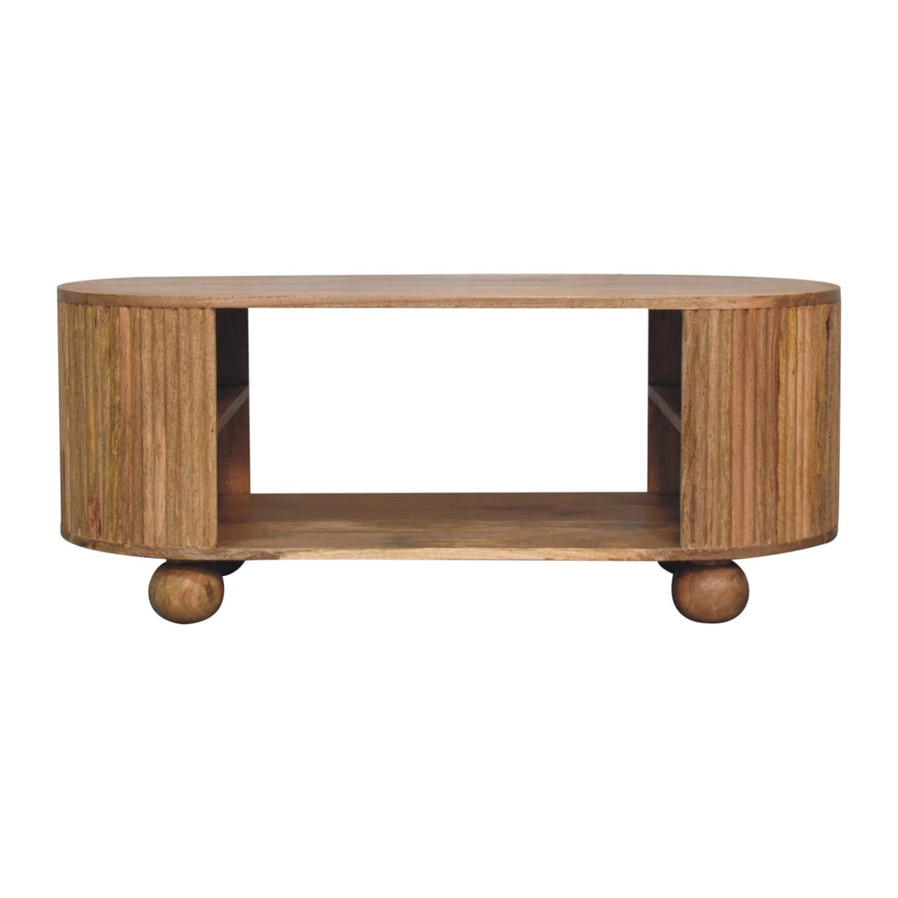 Natural brown open coffee table with ball feet, straight-on view
