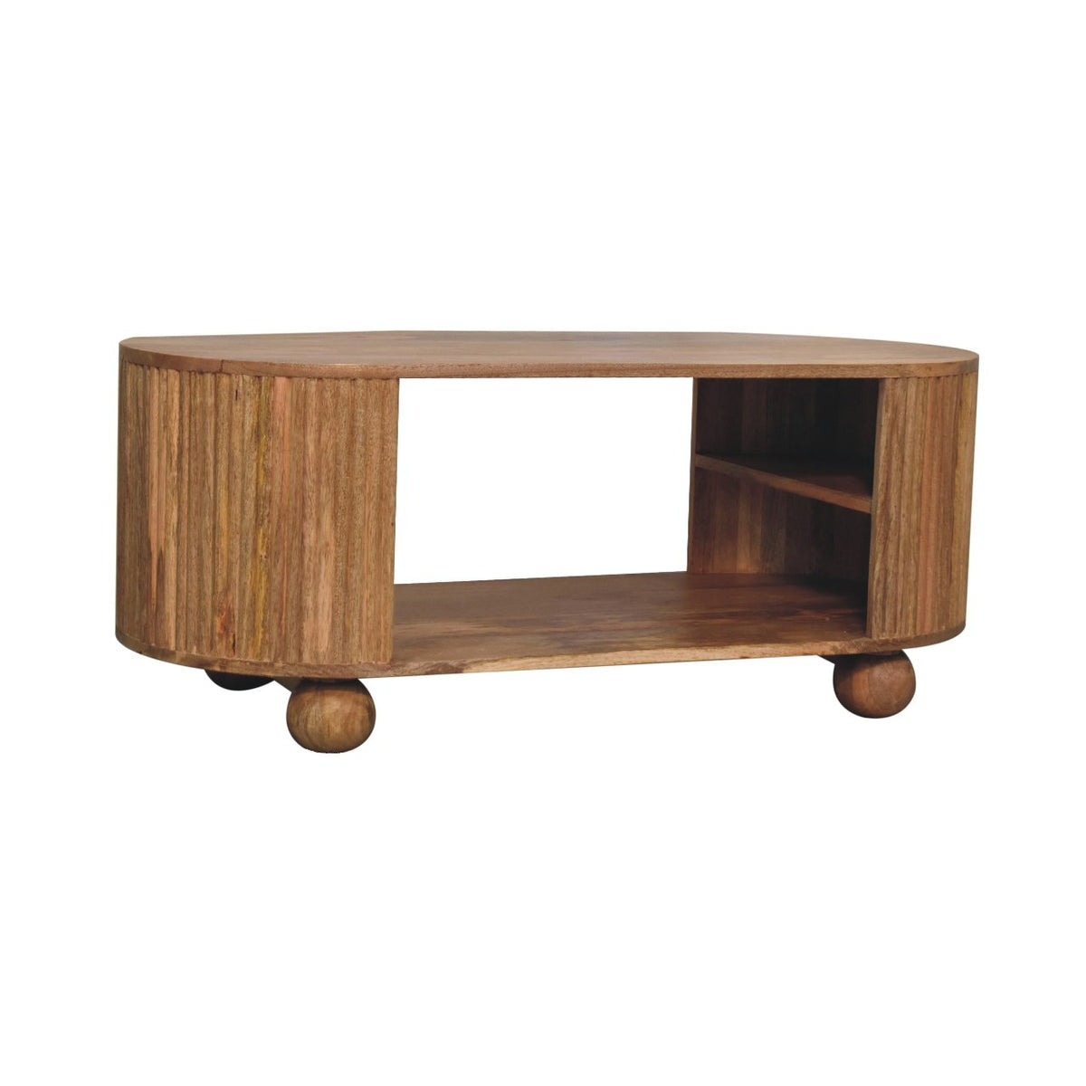 Angled view showing the open centre of a natural wood coffee table