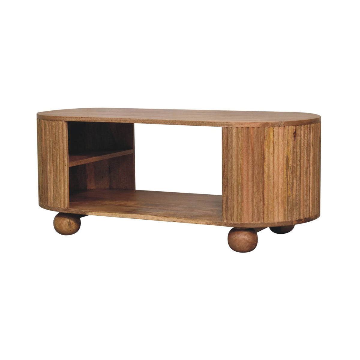 Opposite angled view of an open coffee table with rounded ball feet