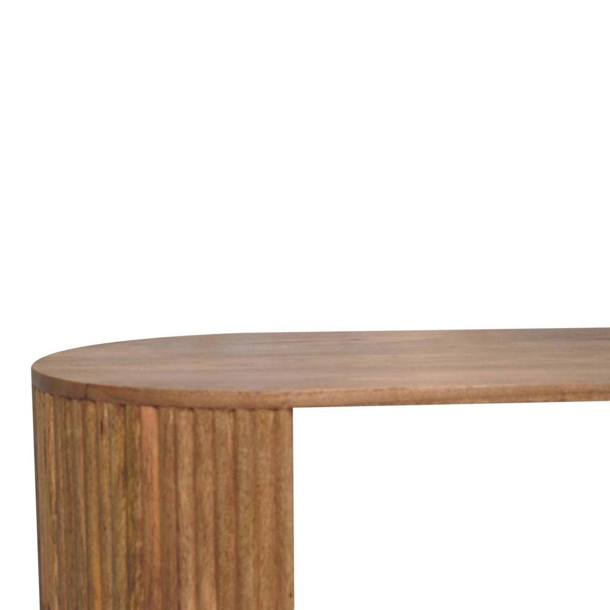 Close-up of the coffee table's natural wood top and ribbed side
