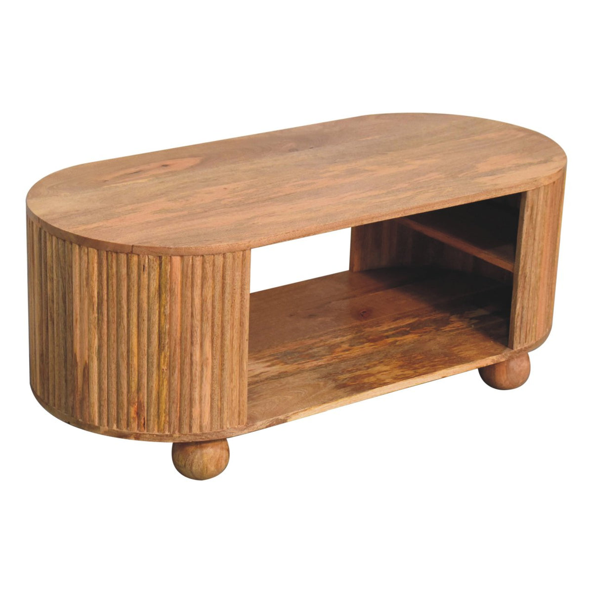 Elevated angled view of a natural wood coffee table with an open centre