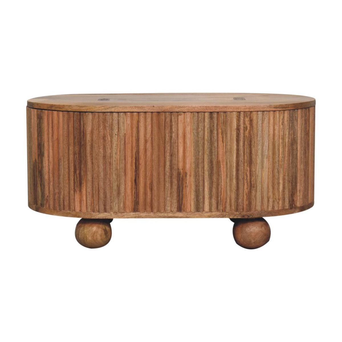 Brown wood coffee table shown straight on, with its rounded body and ball feet visible