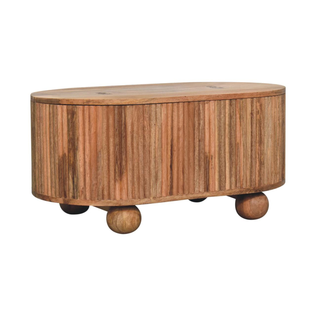 Angled view of a brown wood coffee table showing its curved sides and ball feet
