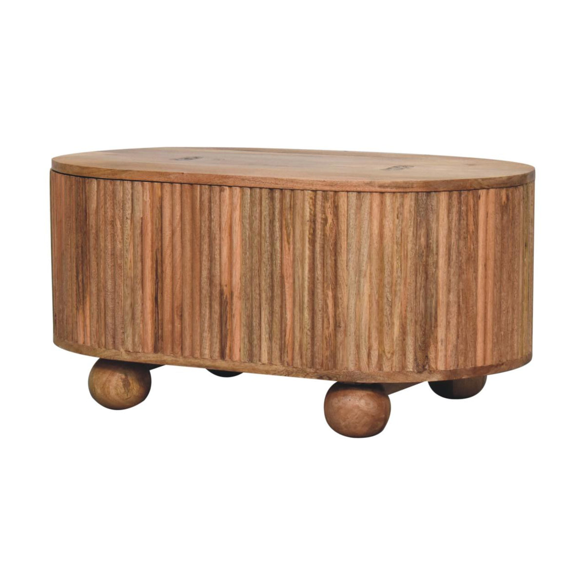 Opposite angled view of the brown wood coffee table with rounded ball feet