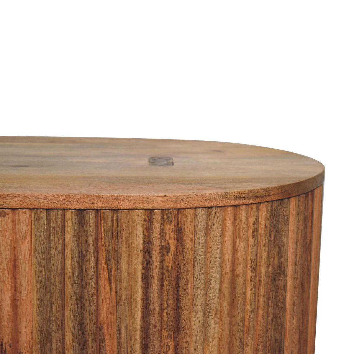 Close-up of the coffee table's wood-grain top edge and vertical wood detailing