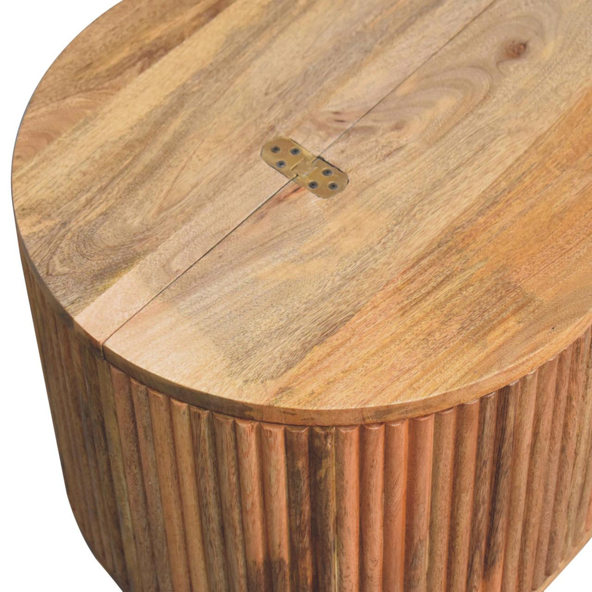 Overhead close-up of the tabletop seam and small metal hinge on the wood surface