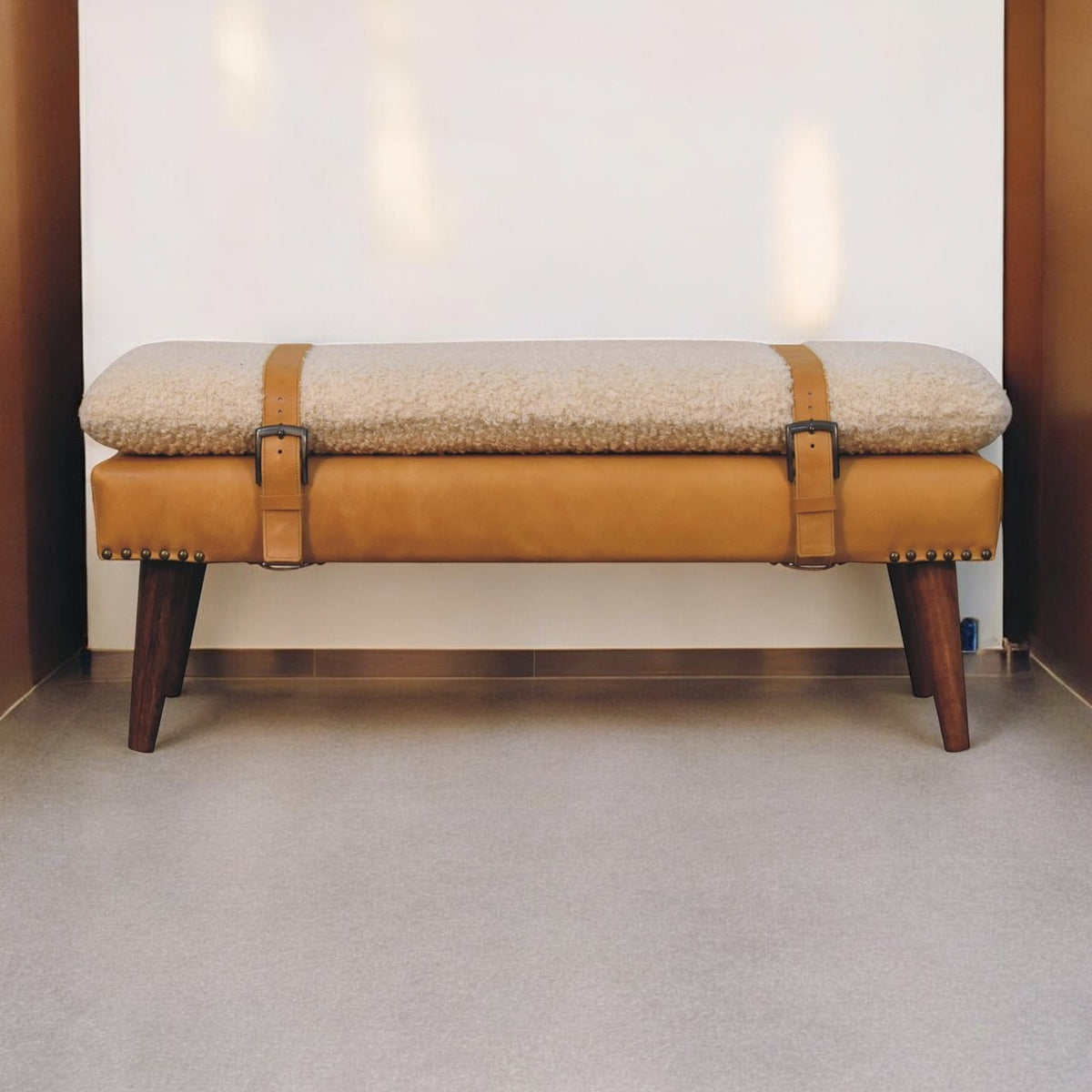 Boucle x Tan Leather Bench