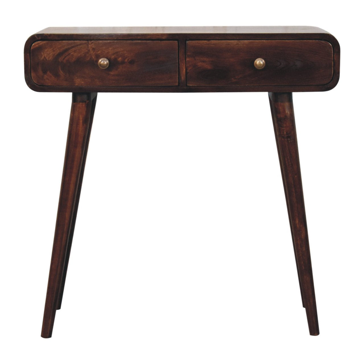 Straight-on view of the console table, showing its pair of drawers and splayed legs.