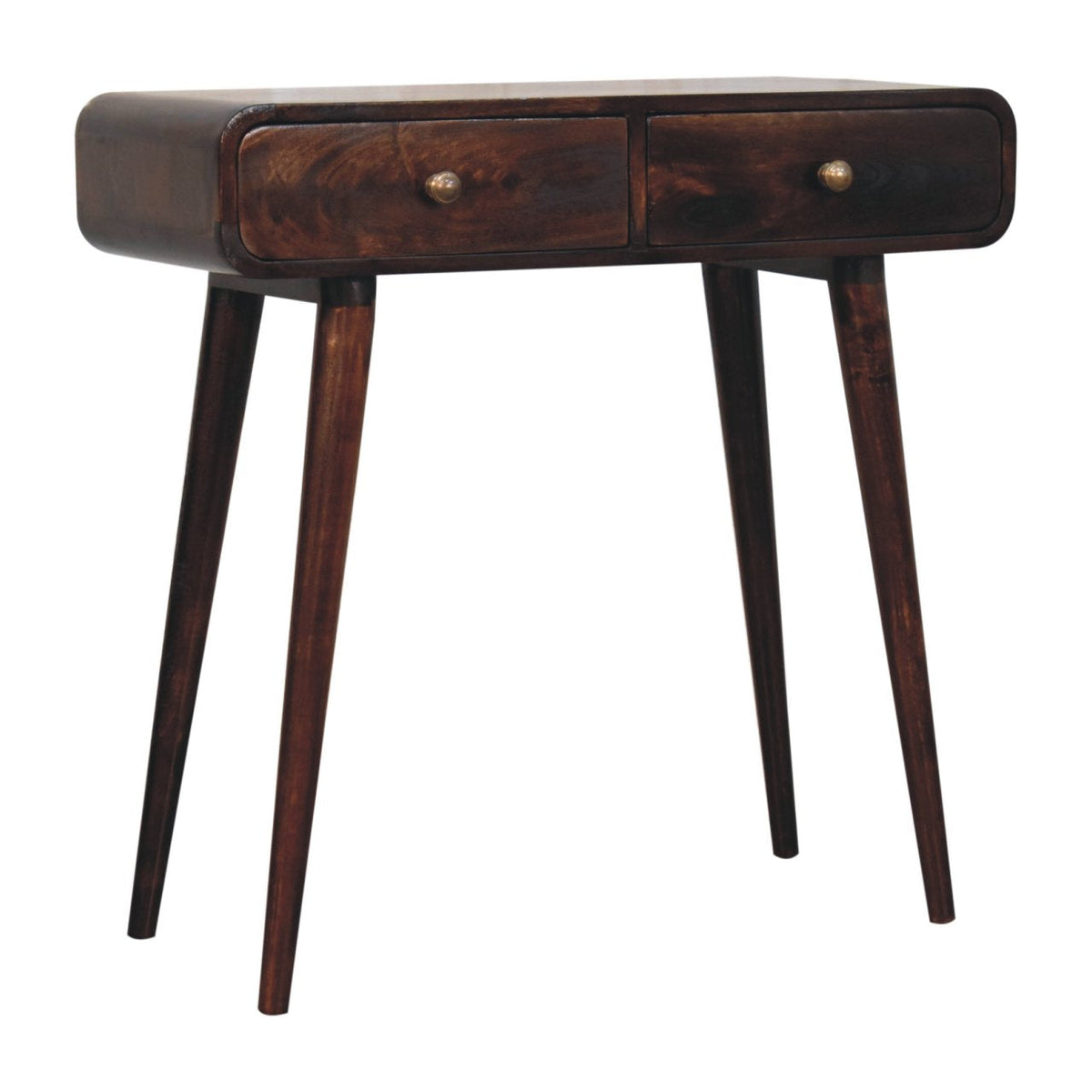 Angled view showing the console table’s rounded left side, two drawers, and tapered legs.