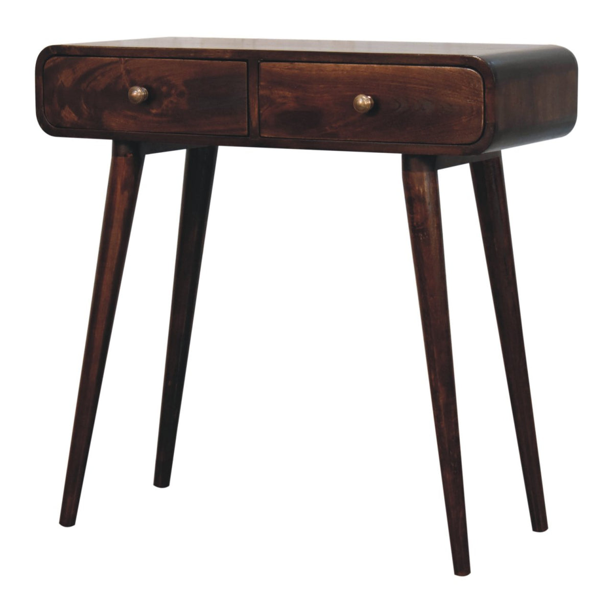 The console table viewed from the opposite angle, with its curved right end and drawer fronts visible.