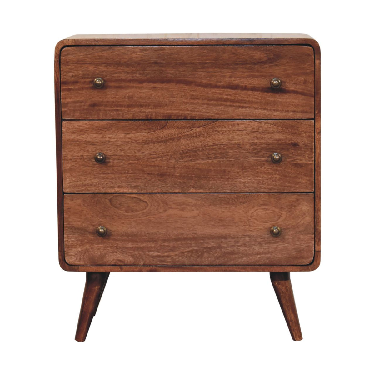 Front view of a three-drawer wooden chest with round knobs and tapered legs.