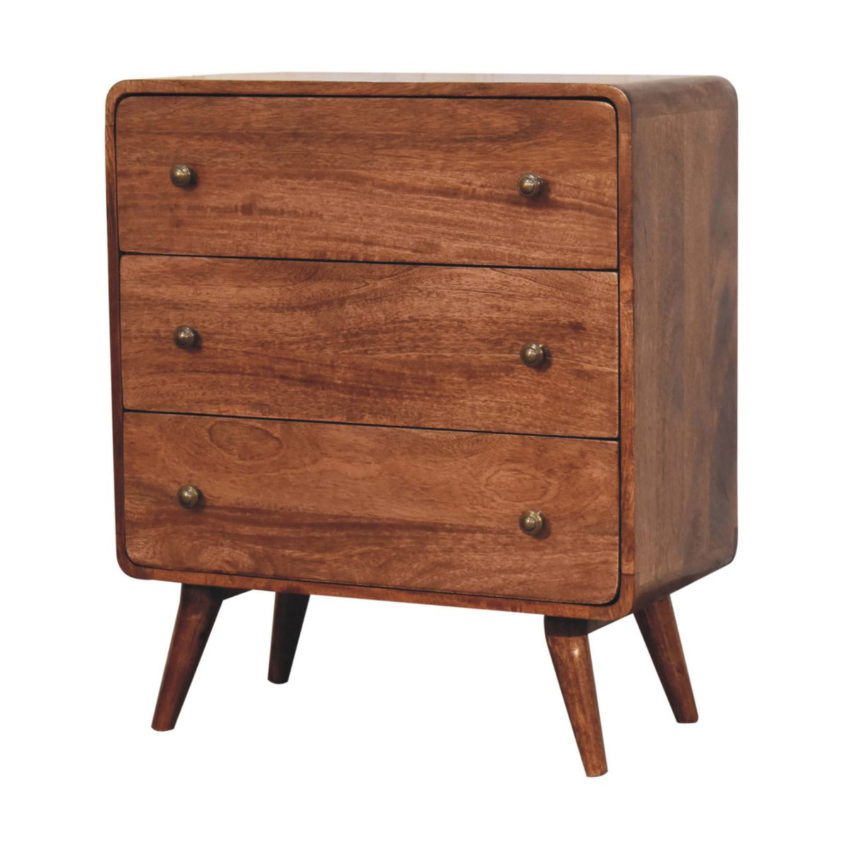 Three-drawer chest viewed from the right, showing its rounded edges and solid side panel.