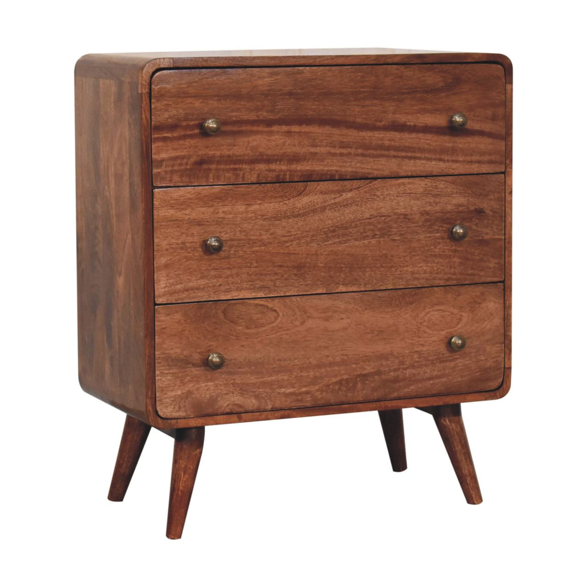 Three-drawer wooden chest viewed from the left, with its side panel and tapered legs visible.