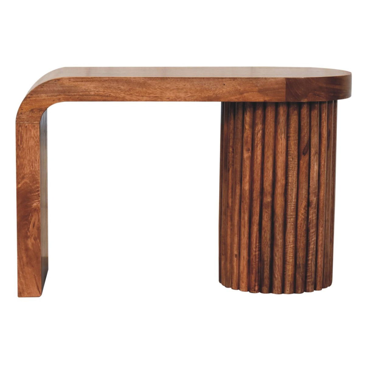 Honey-brown curved coffee table with a rounded top and fluted cylindrical support, side view
