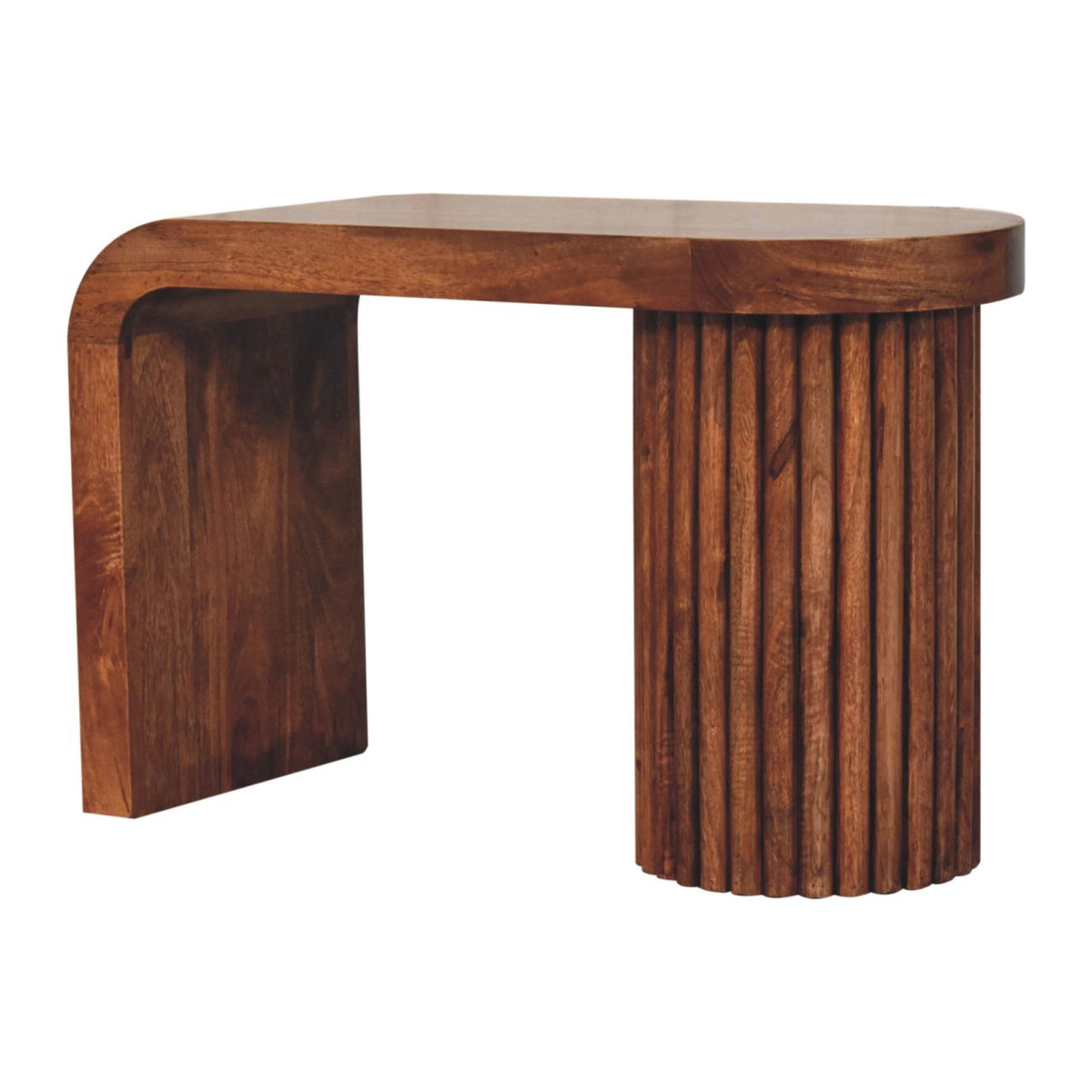 Warm brown coffee table with a curved wood base and ridged cylindrical support, angled view