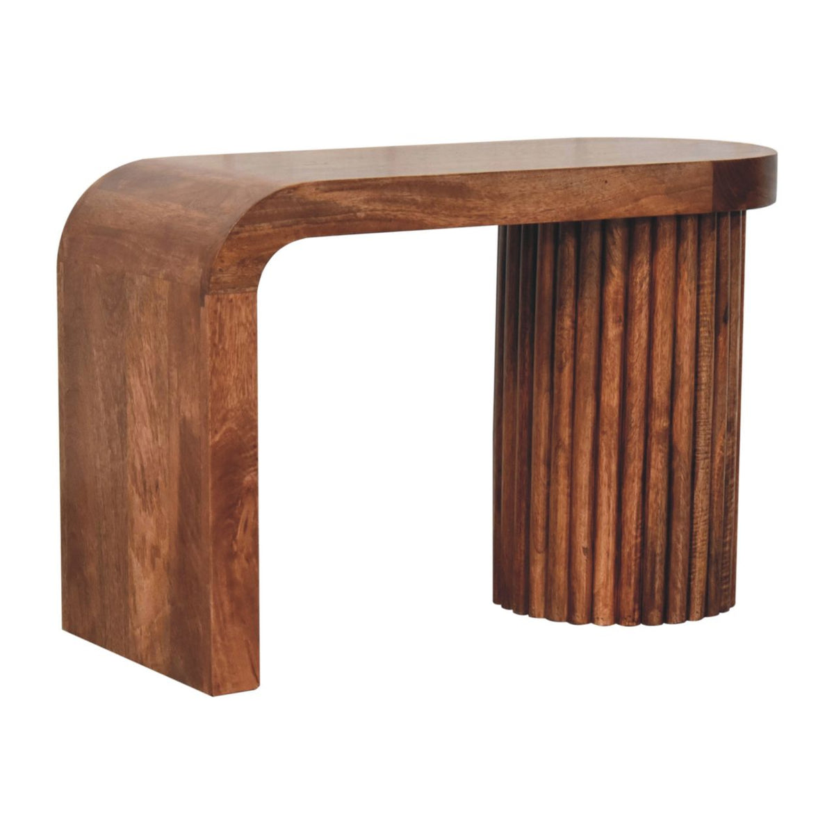 Curved honey-brown coffee table showing its broad wood base and fluted support from the side