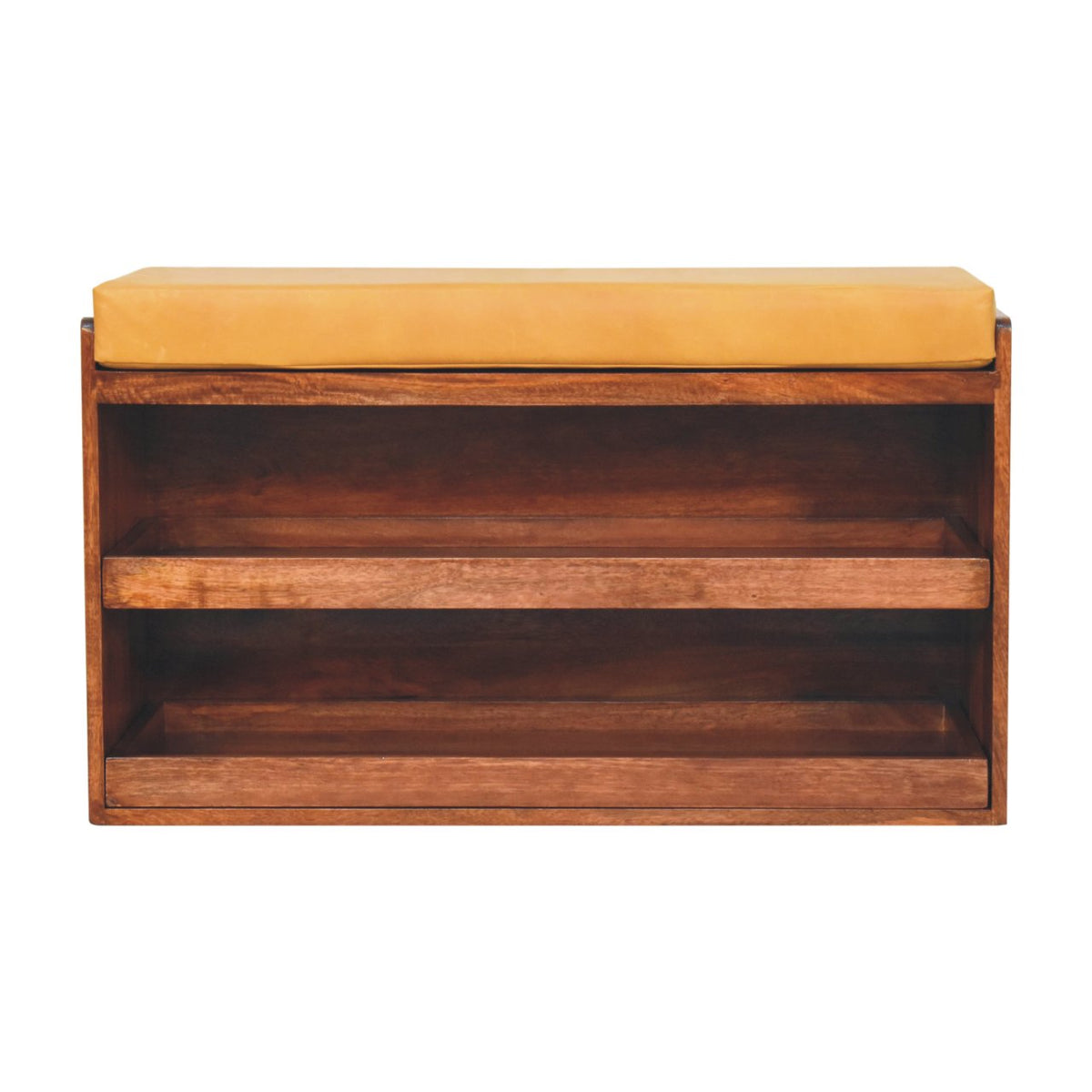 Brown wood shoe storage bench with tan cushion, straight-on front view