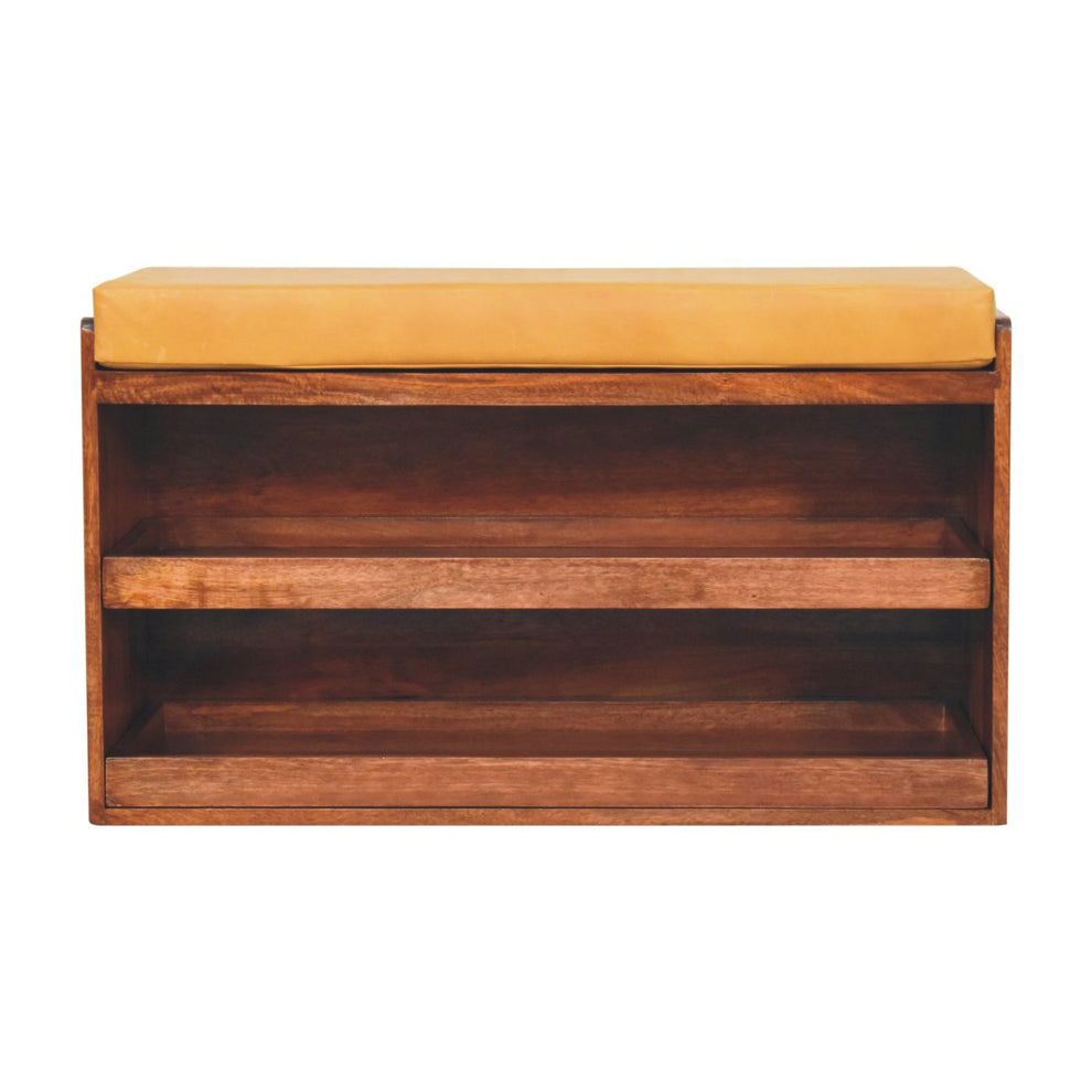 Brown wood shoe storage bench with tan cushion, straight-on front view
