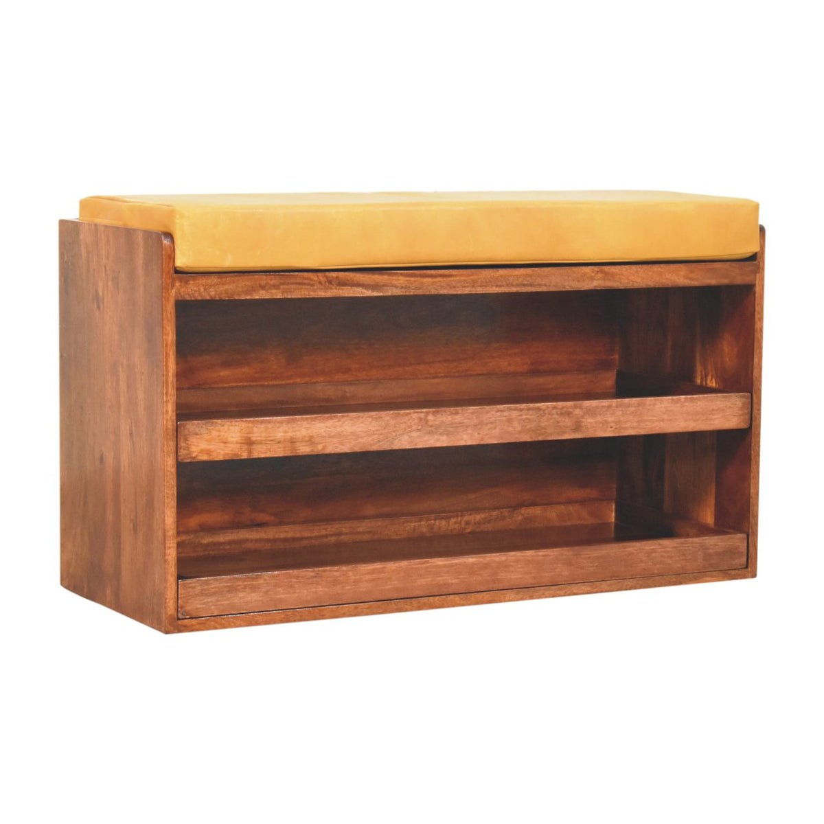 Brown wooden shoe bench with tan top viewed from the left-front angle