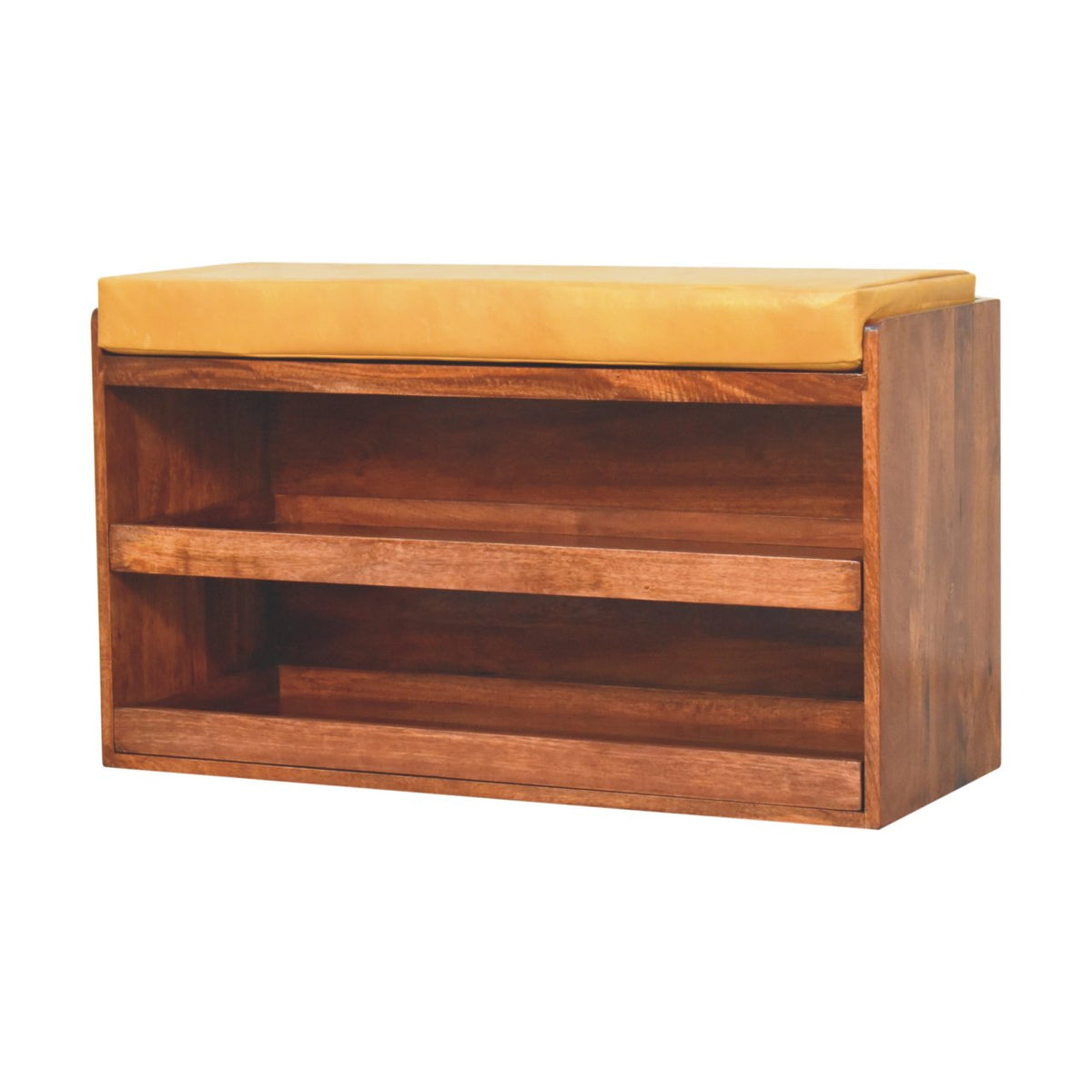 Brown wooden shoe bench with tan cushion viewed from the right-front angle