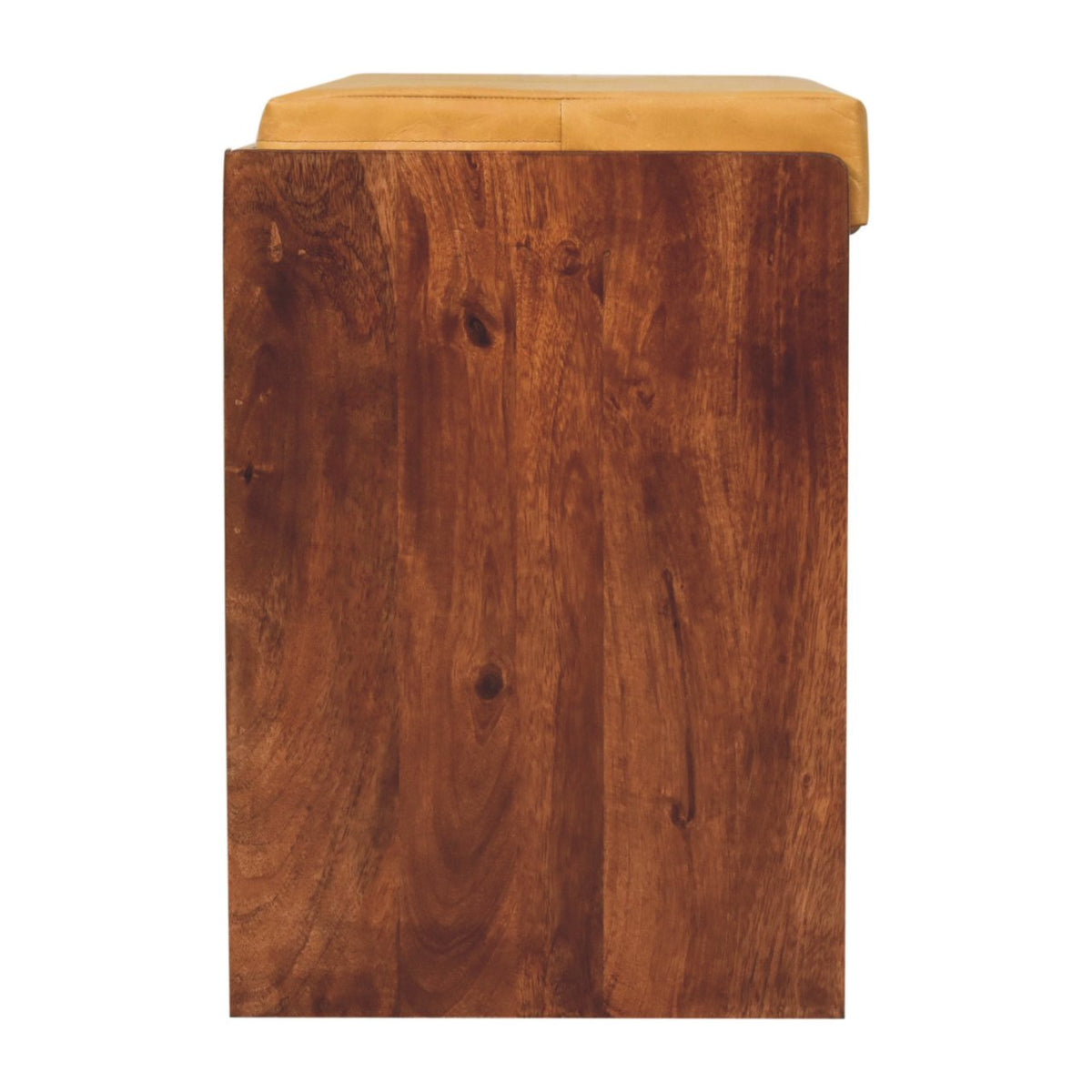 Full side profile of the wooden bench with its tan cushion visible along the top.