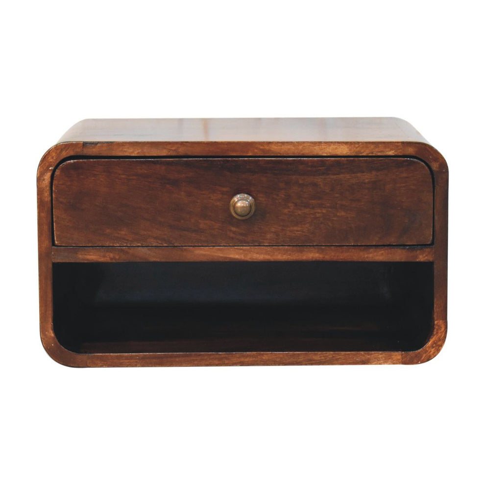 Front view of a curved walnut-finish nightstand with a drawer and open shelf.