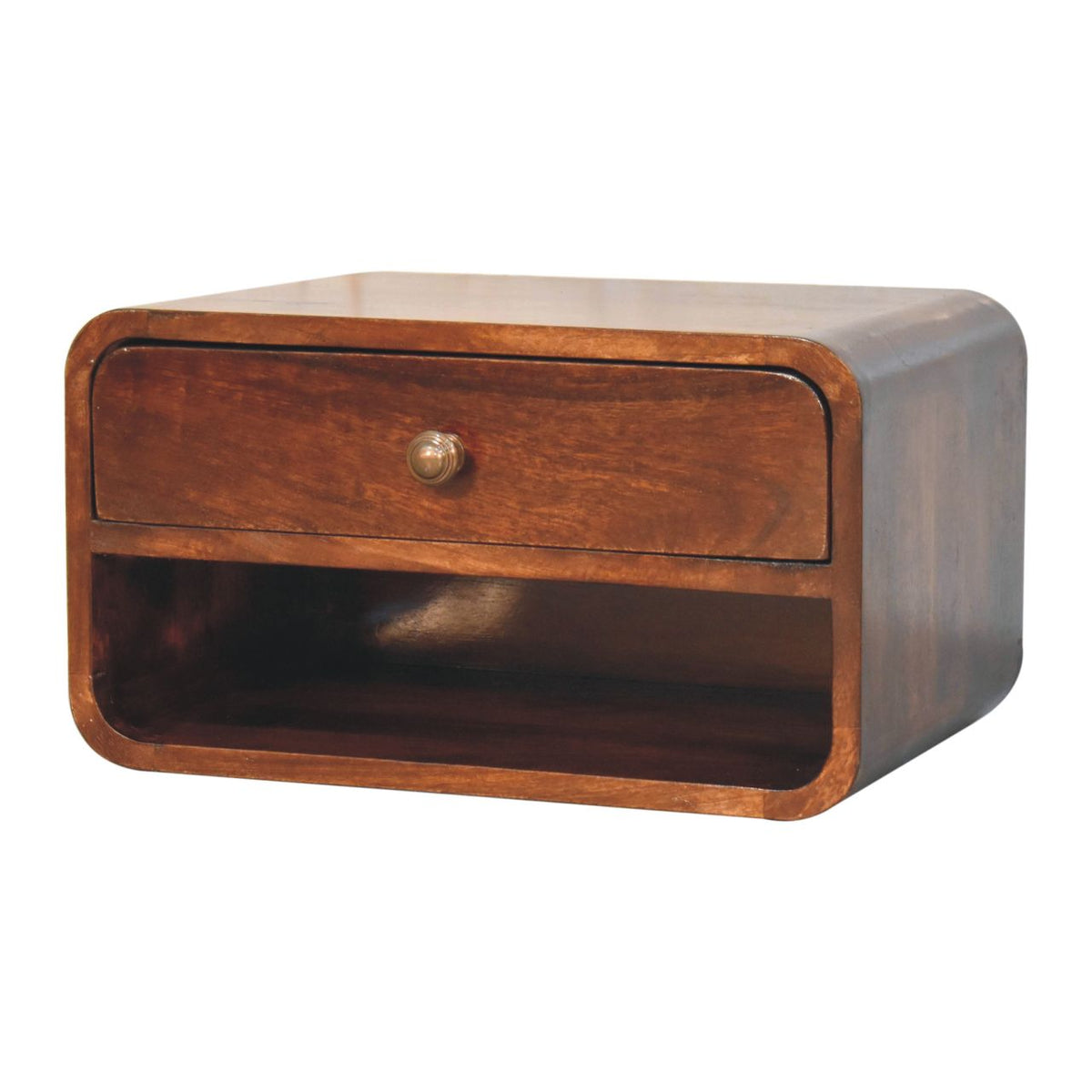 Angled view showing the rounded sides, drawer, and open shelf of a walnut-finish nightstand.
