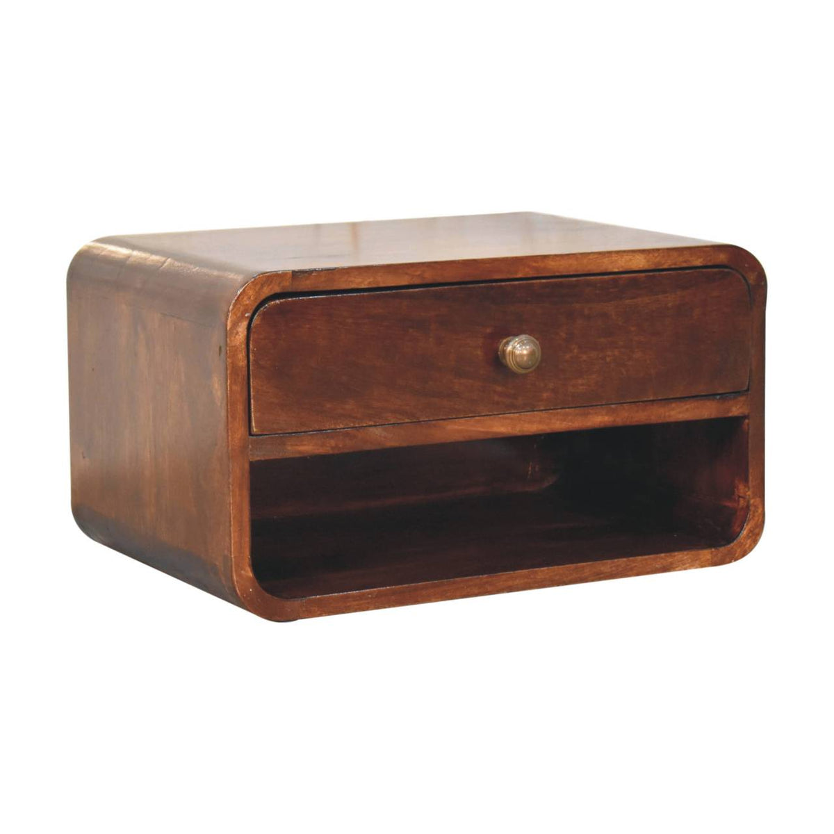 Angled view of the cabinet from the left, showing its curved side, single drawer, and open slot.