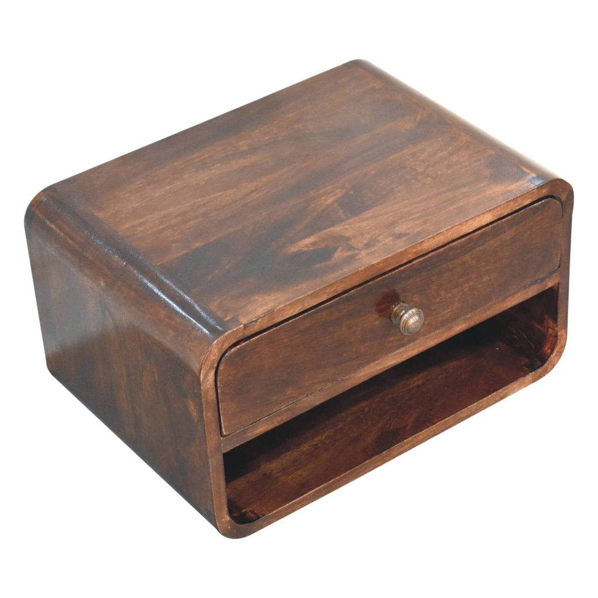 Brown wooden bedside table with a rounded body, front drawer, and open shelf beneath.