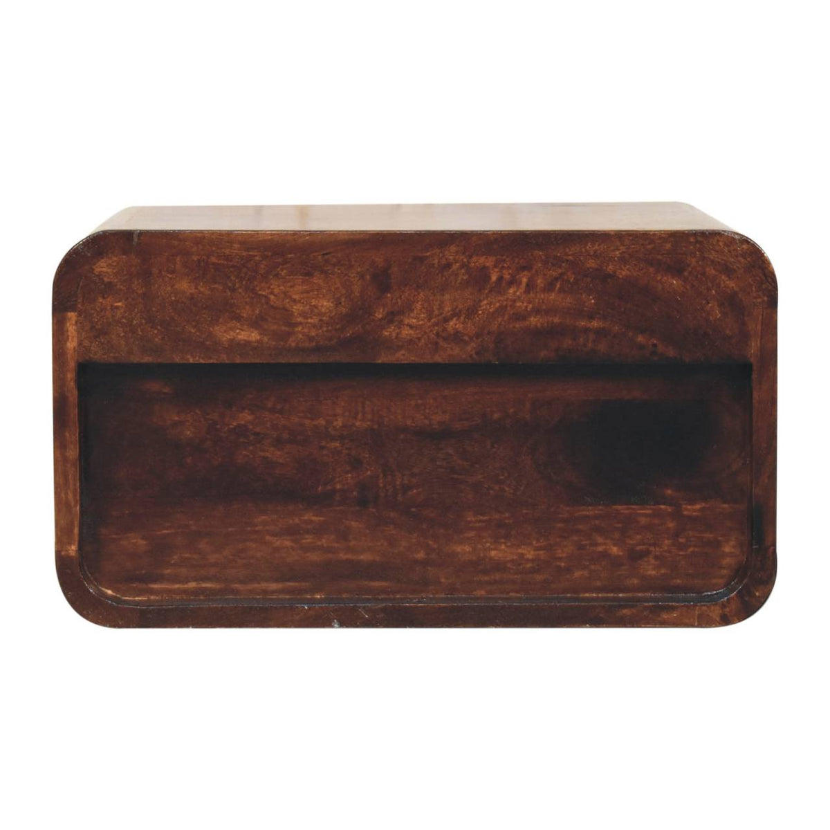 Front view of a curved, dark walnut bedside table with a wide open slot.