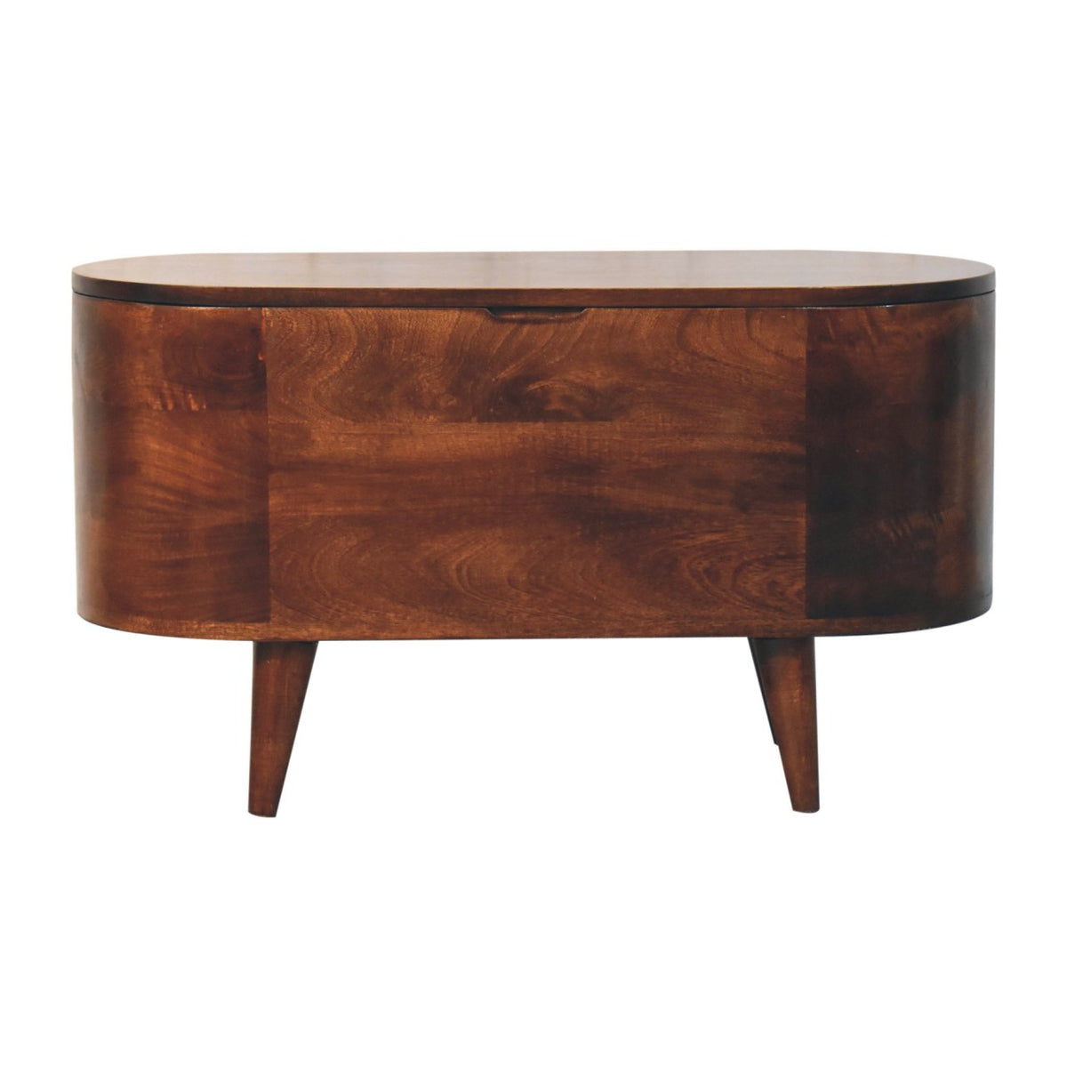 Rounded brown wooden blanket box shown straight on, with a flat lid and tapered legs.