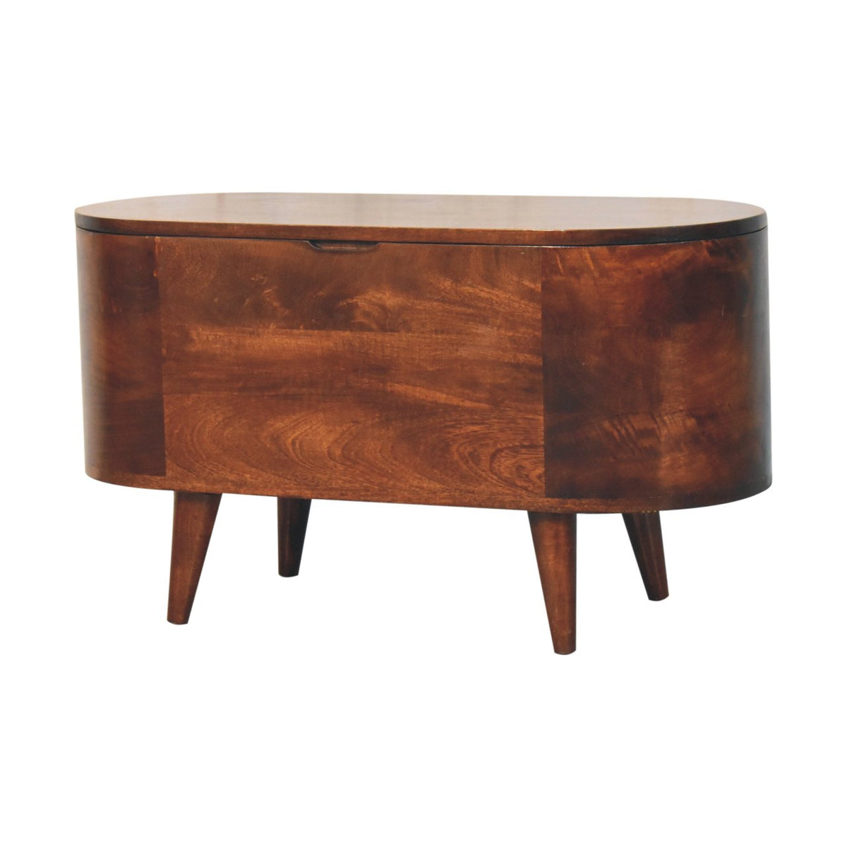 The wooden box viewed from an angle, showing its curved end and four tapered legs.